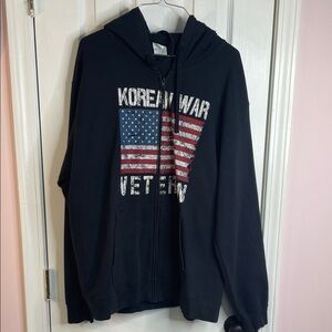 Korean War Veteran Black Zip-Up Hoodie with American Flag